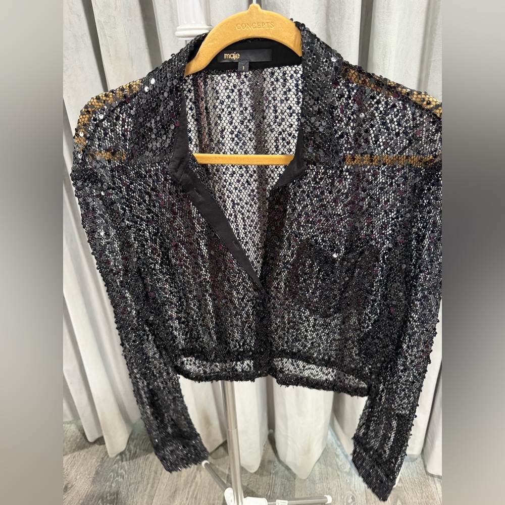 Maje Black and Silver Sequin Sheer Jacket
